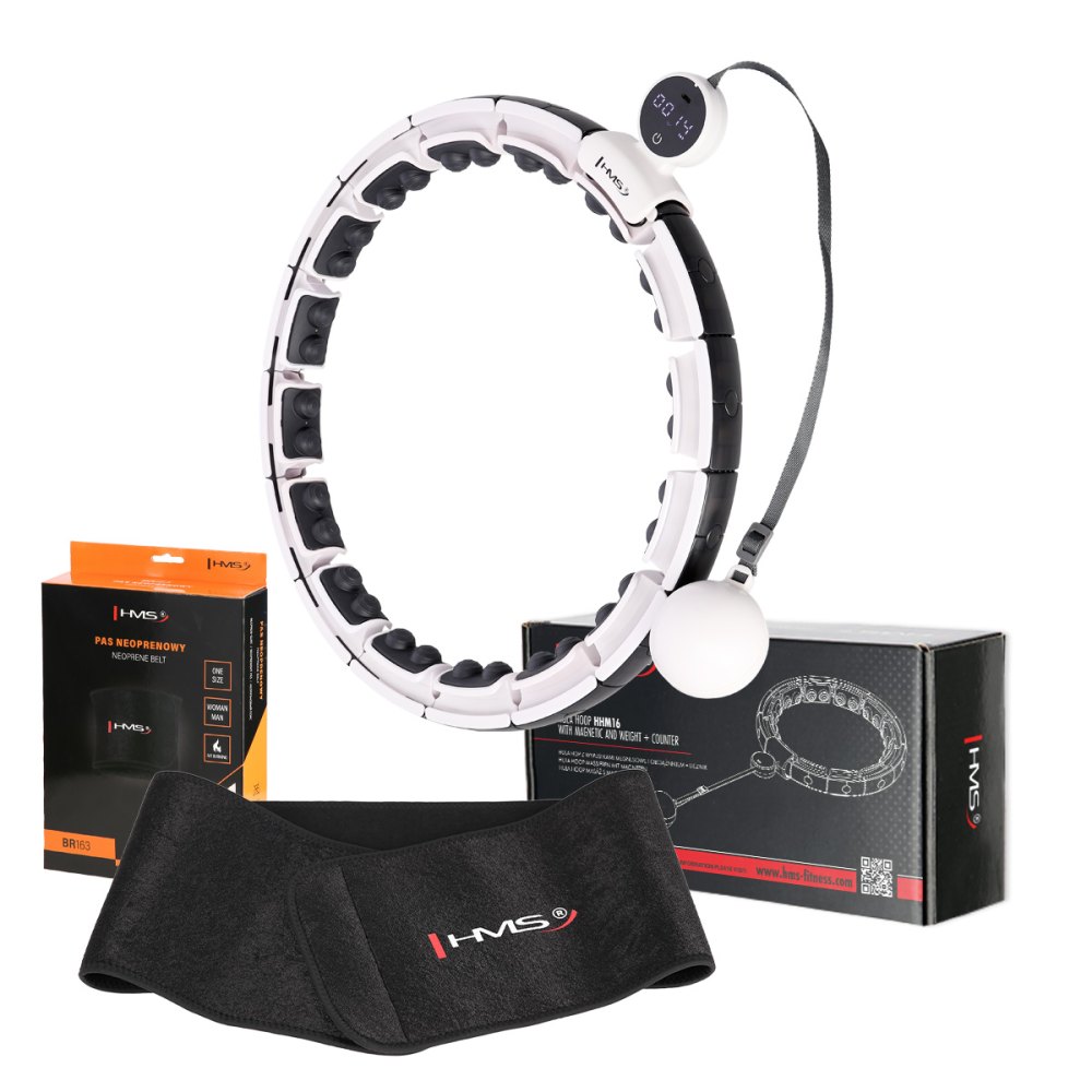 Sada masážní hula hoop HMS HHM16 se závažím, magnety a počítadlem a zeštíhlujícího pásu BR163