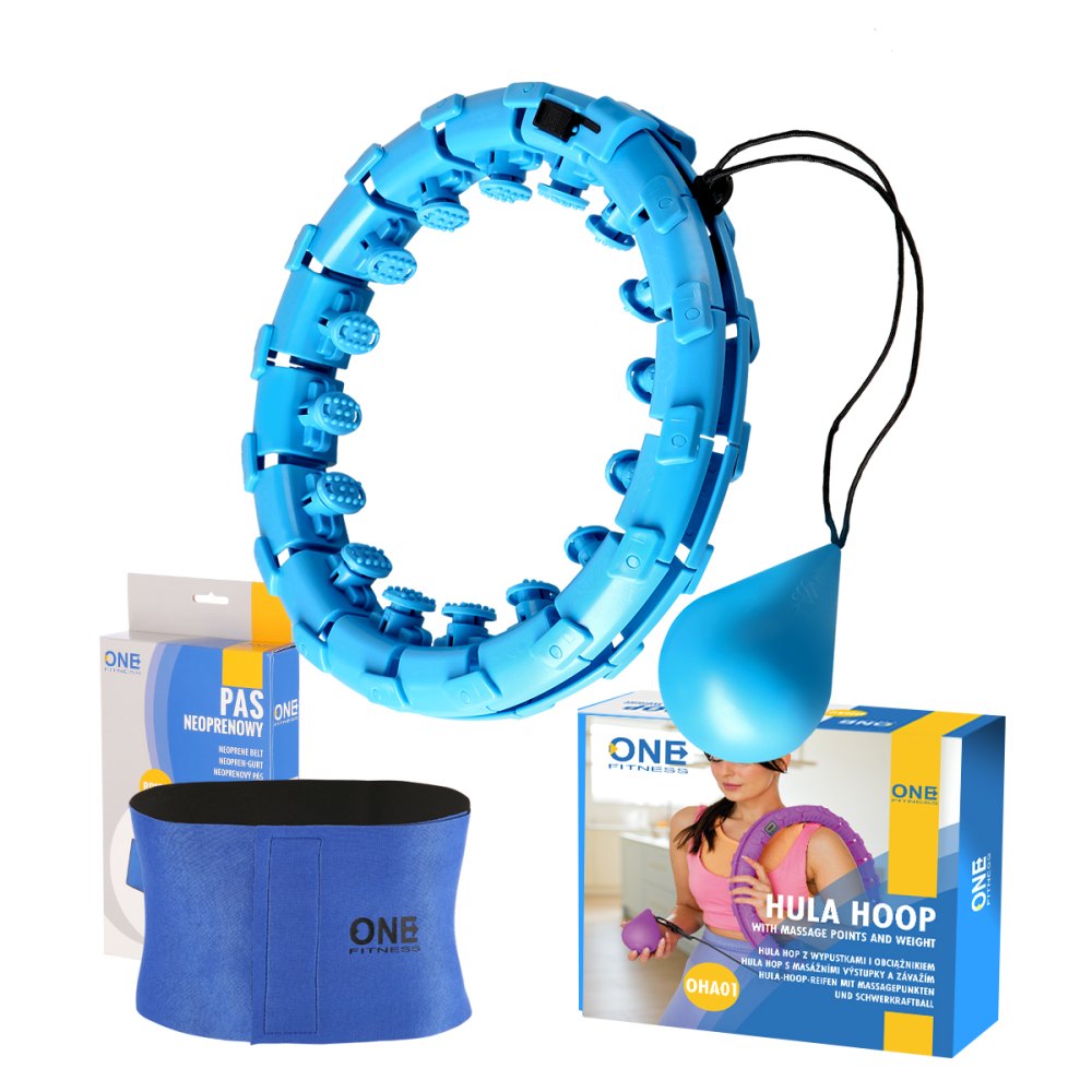 Sada masážní hula hoop ONE Fitness OHA01 se závažím a zeštíhlujícího pásu BR125 modrá